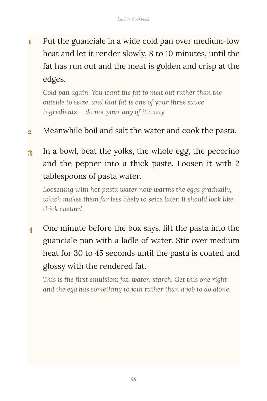 Recipe steps with the reason under each