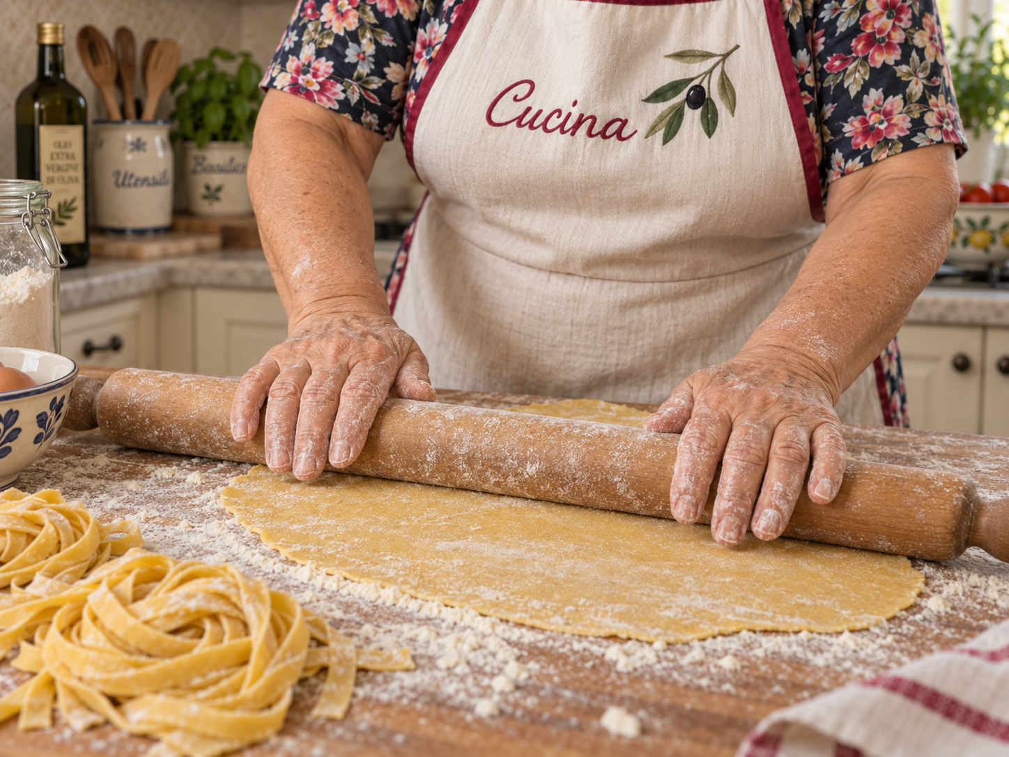Lucia rolling fresh pasta by hand