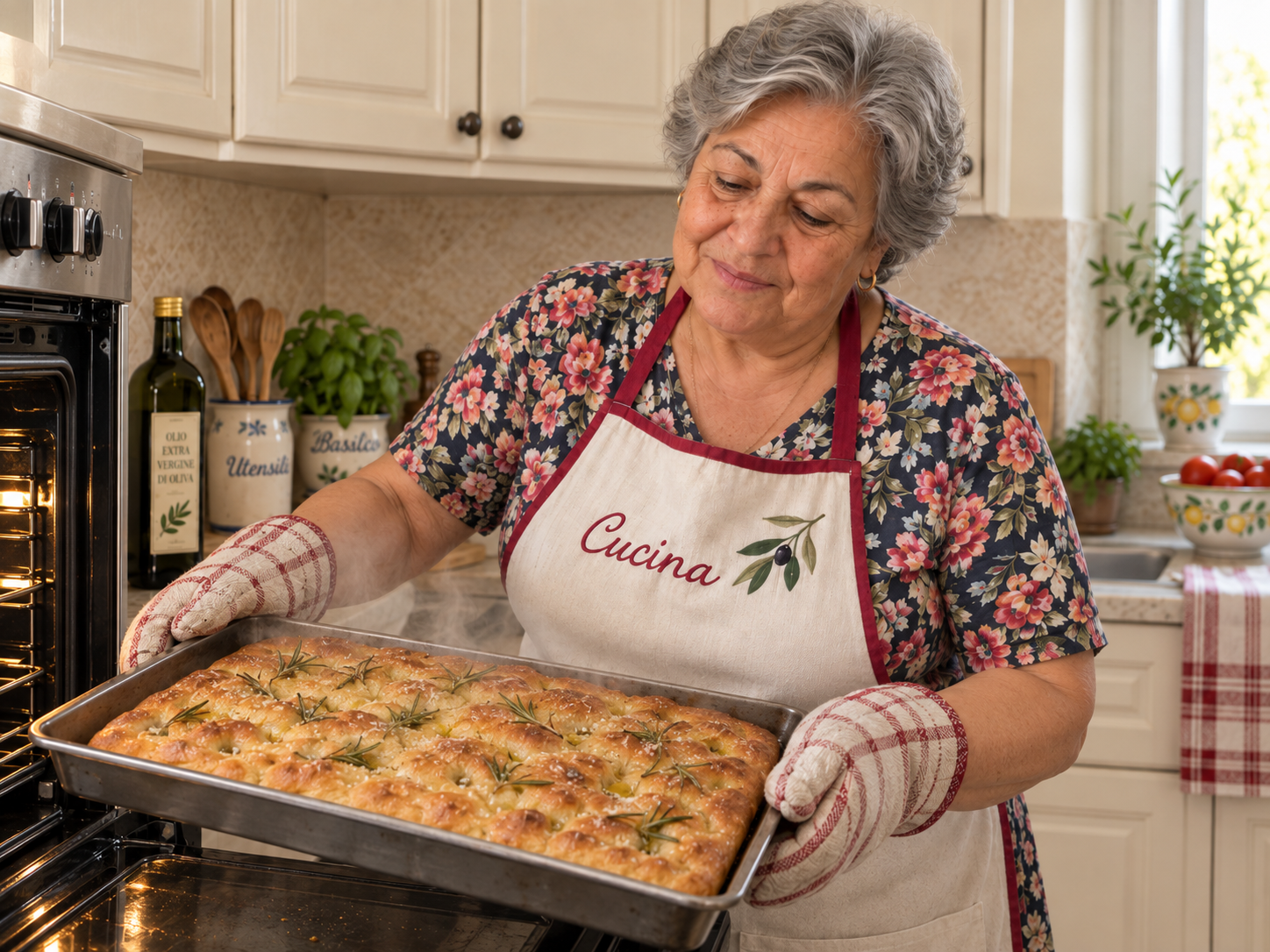 Lucia lifting fresh focaccia from the oven