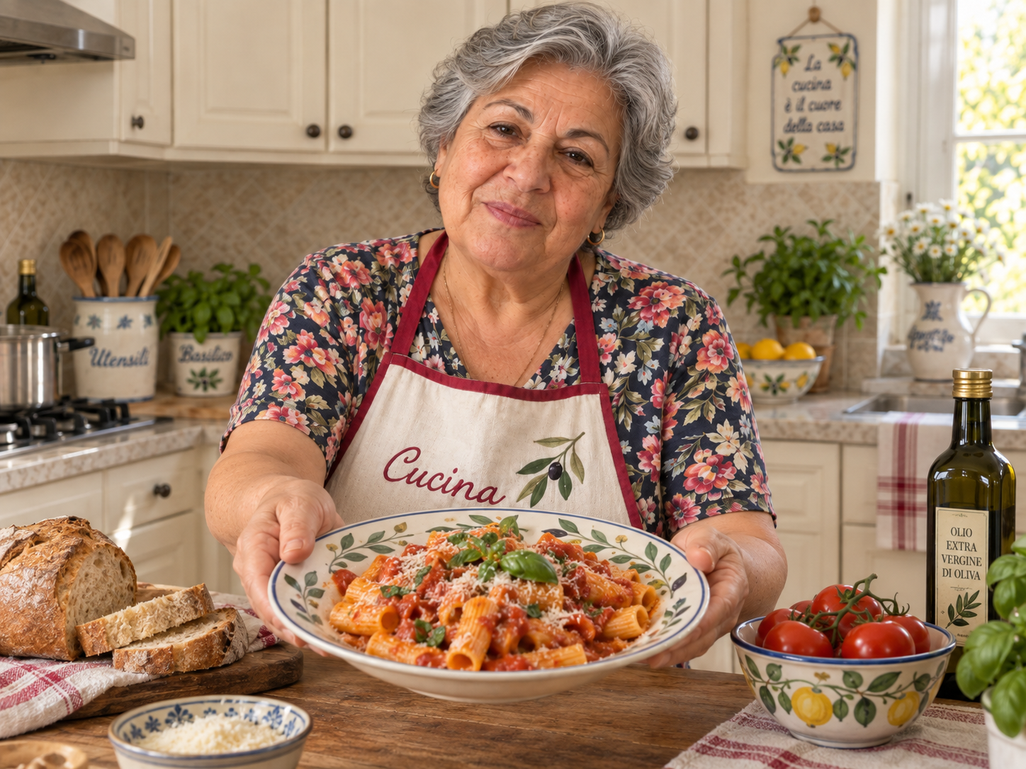 Lucia serving a plate of pasta